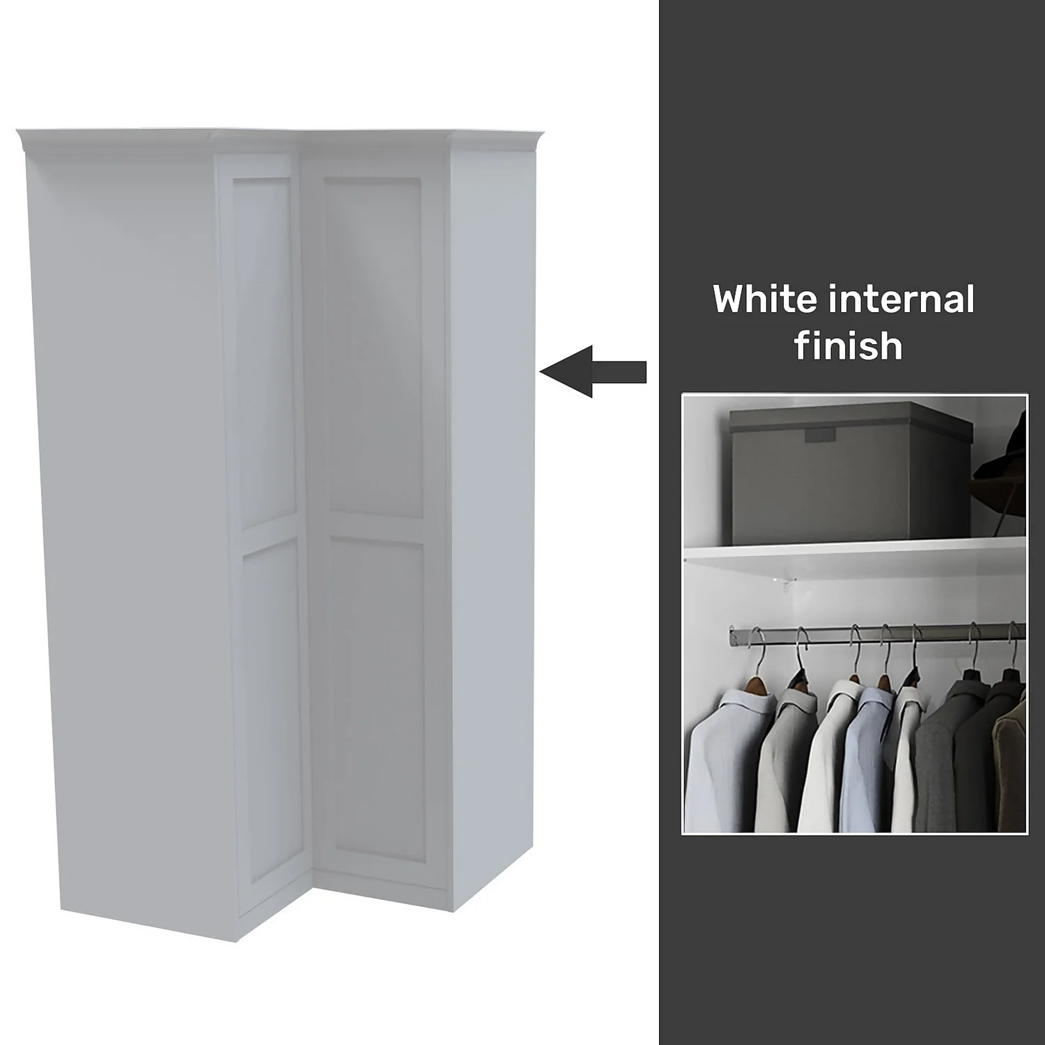 House Beautiful Realm Fitted Look Corner Wardrobe, White Carcass - White Shaker Doors (W) 1103mm X (H) 2256mm 3 House Beautiful Realm Fitted Look Corner Wardrobe, White Carcass - White Shaker Doors (W) 1103mm X (H) 2256mm
